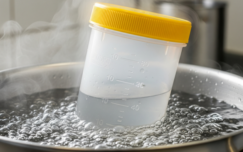 How to sterilize a container for urine samples using boiling water?